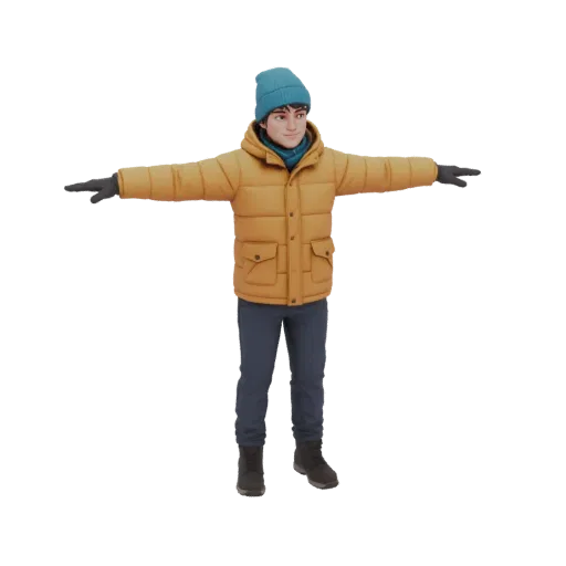 3D model of a young man wearing a yellow puffer jacket, blue beanie, and scarf, standing in a T-pose.