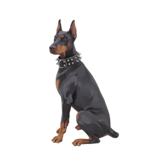 3D model of a black and tan Doberman Pinscher dog sitting attentively, wearing a silver spiked collar.