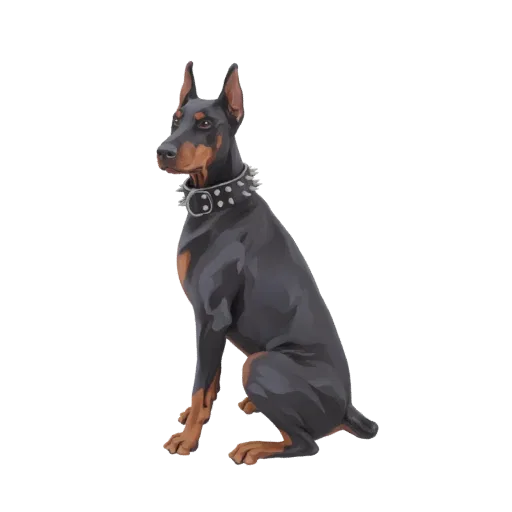 3D model of a black and tan Doberman Pinscher dog sitting attentively, wearing a silver spiked collar.