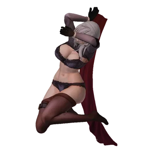 3D model of an anime girl with white hair and red eyes, wearing a black lace bra and panties, hanging from a bar with a playf