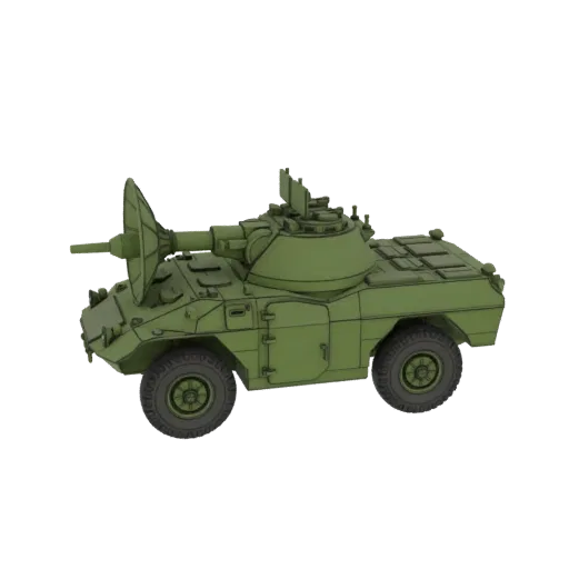 3D-Modell eines grünen BRDM-2 gepanzerten Aufklärungsfahrzeugs mit großer Radarantenne auf dem Turm, von der Seite gezeigt.