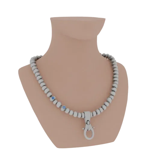 Sterling Silver Pearl Style Necklace 3D model, three-quarter studio product render, pearl surface.