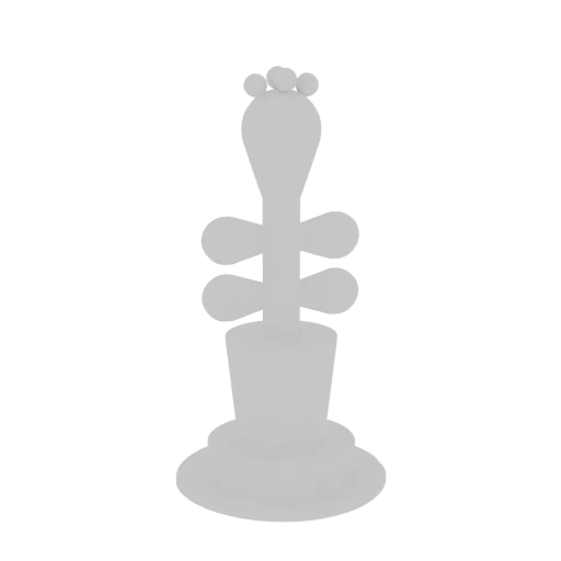 A 3D render of a stylized, light gray potted cactus sculpture with rounded leaves and a spherical crown, set against a white