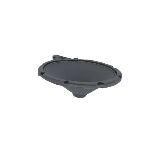 A 3D render of a dark gray oval speaker cone with a detailed mounting flange, set against a black background.