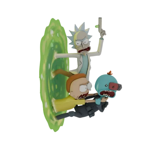 3D model of Rick and Morty jumping through a green portal with an alien creature, Rick holds a portal gun.