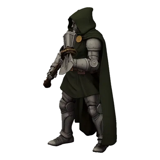 3D model of Doctor Doom in silver armor and green cape, holding a large battle axe.