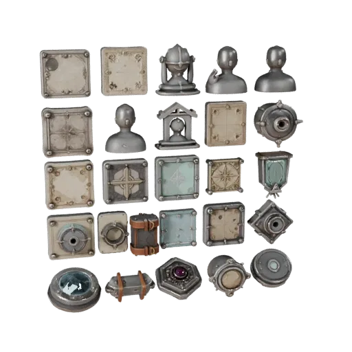 Fantasy Street Clutter Modular 3D model, isometric modular kit view, showing paper-like cards, small readable forms.