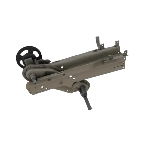 3D model of a detailed artillery carriage mechanism with a winding wheel and pivot points, rendered in a neutral tone.