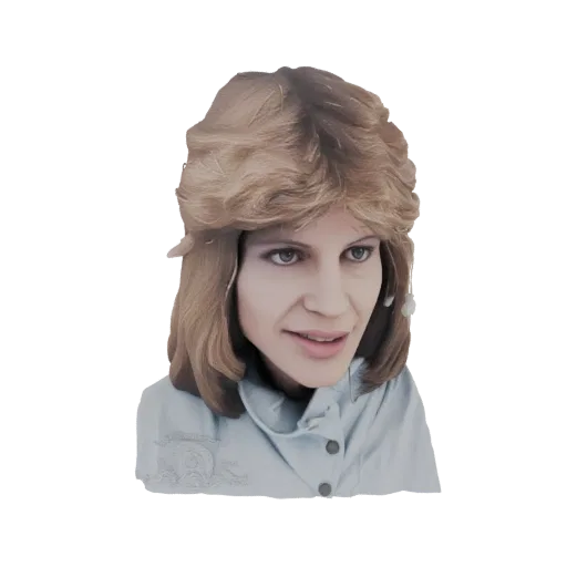 3D model of an 80s pop star with feathered blonde hair and a light blue jacket, against a white background.