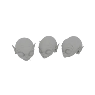 A 3D render of three grey alien creature heads with large eyes and pointed ears, displayed against a white background.