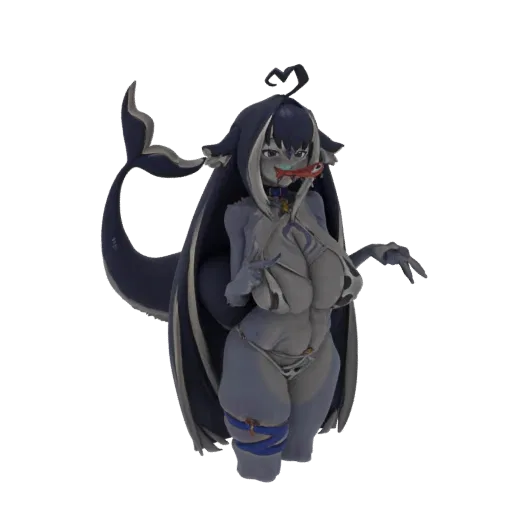 Modello 3D di un personaggio in stile anime Orca Girl con capelli scuri, bikini e lingua fuori, in posa dinamica.