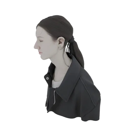 3D model of a female bust with dark hair in a ponytail, wearing a dark jacket, shown in profile.