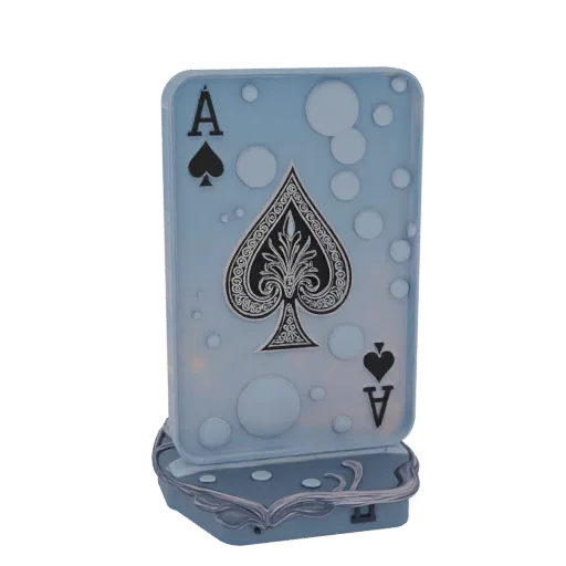 3D model of an Ace of Spades playing card with a light blue, translucent finish and bubble accents, standing on a decorative