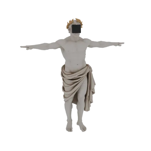 3D model of a classical marble statue wearing a golden laurel wreath and a black VR headset, arms outstretched.