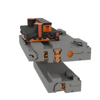 Rendu 3D d'un bloc industriel sci-fi gris avec des accents géométriques orange et des détails internes visibles, sur fond bla