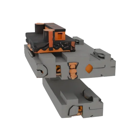 Rendu 3D d'un bloc industriel sci-fi gris avec des accents géométriques orange et des détails internes visibles, sur fond bla