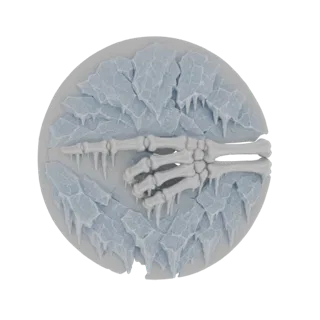 3D-Modell einer Skeletthand, die aus zerklüftetem Eis auftaucht und nach vorne zeigt, mit Eiszapfen, die von den Fingern und
