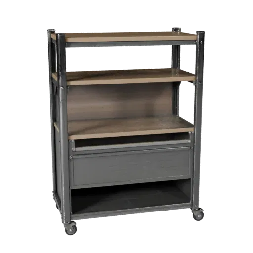 Garage Parts Rack Product Viz 3D model, three-quarter studio product render, showing steel frames, stable fixtures.