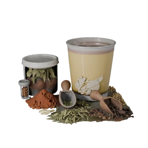 Spice Herb Bundle Realistic 3D model, three-quarter studio render, showing powders, small ingredient shapes.