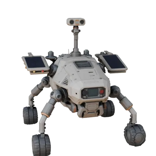 Lunar Drone Scout Stylized 3D model, stylized isometric render, showing dusty wheels, vehicle stance.