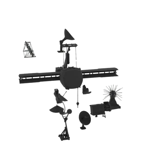 Modelo 3D imprimible Telescopio Orbital de Navegación, render STL isométrico, mostrando paneles solares, silueta de nave espa