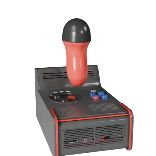 Portable Arcade Stick 3D model, three-quarter front view, Unity viewport, showing matte plastic, console proportions.