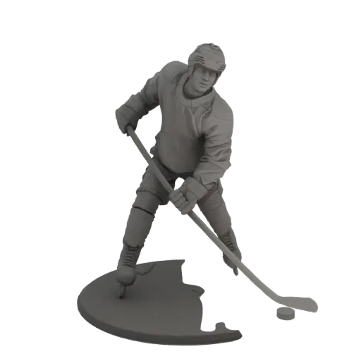 3D model of a hockey player in a dynamic pose, holding a stick and looking towards the puck.