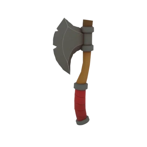 A 3D render of a stylized battle axe with a worn metal head and a red-wrapped handle, presented on a white background.