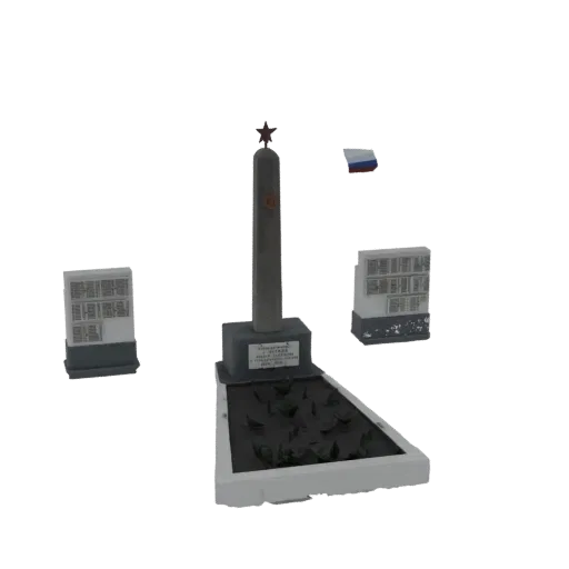 3D model of a Soviet war memorial with a central obelisk, red star, memorial plaques, and a Russian flag.