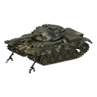A 3D model of a green camouflage military tank with two robotic legs extended beneath its chassis, viewed from the side.