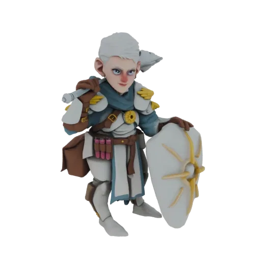 Modèle 3D d'un Guerrier Gnome Alchimiste aux cheveux blancs, yeux bleus, portant une armure ornée, tenant un bouclier et des