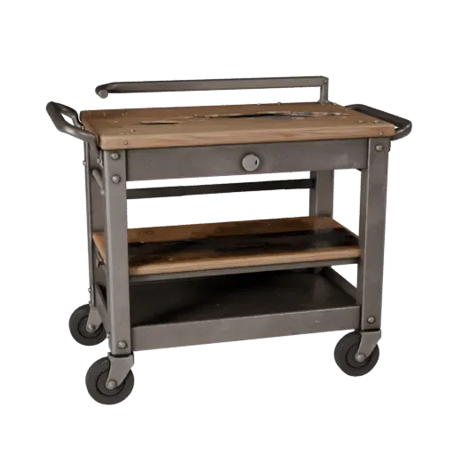 Industrial Tool Cart 3D model, side profile view, technical viewport render, showing steel frames, stable fixtures.