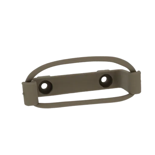 3D model of a tan-colored tactical sling mount with two screw holes and a curved sling attachment loop.