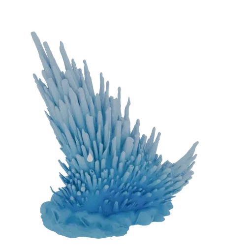 3D model of a vibrant blue crystal growth with sharp spikes erupting from a fluid base, against a white background.