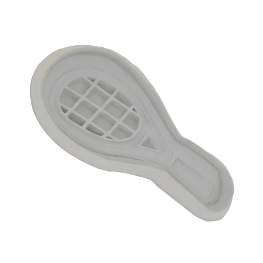 3D model render of a grey tennis racket shaped cookie cutter with a grid pattern on the head.
