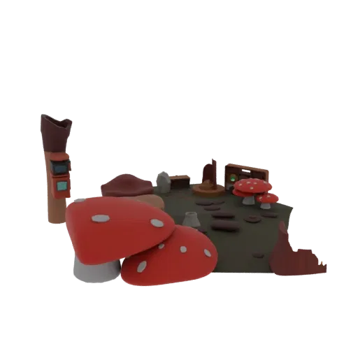 Modelo 3D de um diorama de aldeia de cogumelos fantasiosa com grandes cogumelos vermelhos, um pequeno edifício e detritos esp