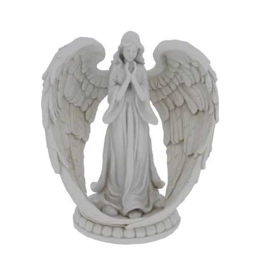 3D model of a white marble-like angel statue with large wings, praying with hands clasped, on a decorative base.