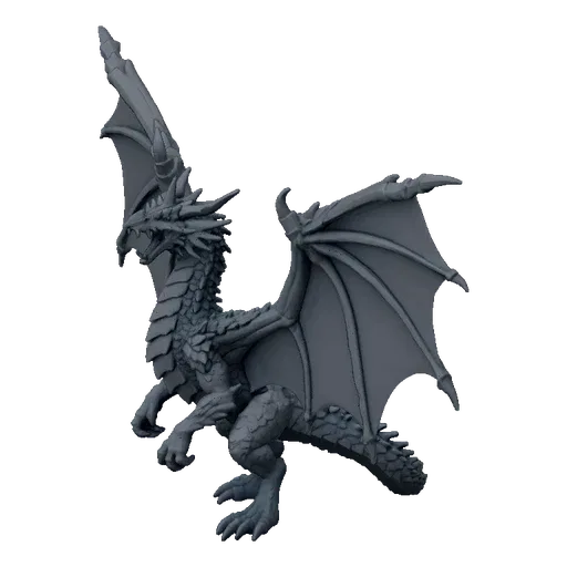 A detailed 3D model of a grey, majestic winged dragon with its wings spread wide, set against a black background.