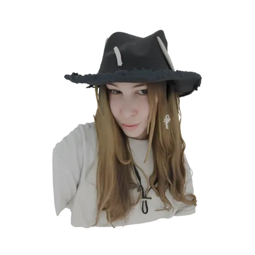 3D model of a black gothic fedora hat with white accents and a dangling silver key charm, viewed from the front.