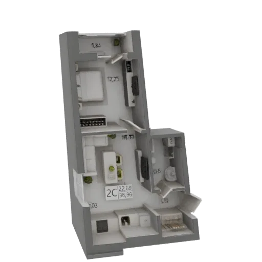 3D model of a modern apartment floor plan, showing living room, kitchen, bedroom, and bathroom layout.