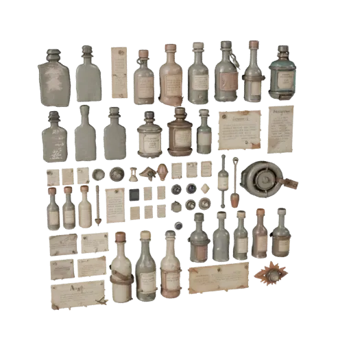 Workshop Bottle Group Realistic 3D model, three-quarter studio render, showing paper-like cards, small readable forms.