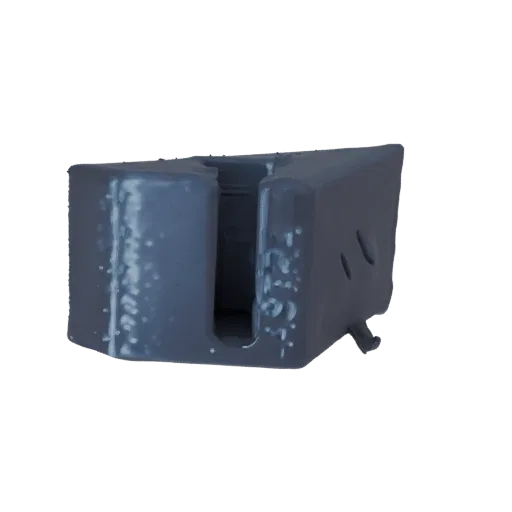 3D model of a dark gray industrial rubber bumper with a U-shaped channel and textured surface.