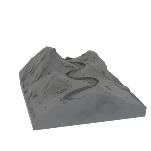 Mountain Switchback Trail Printable 3D model, isometric tabletop STL render, showing layered soil, rock faces.