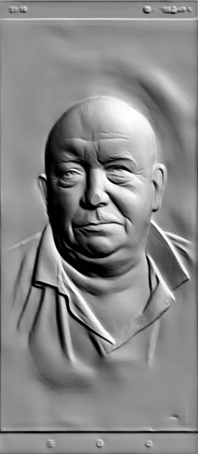 3D model of an elderly man in a shirt bas-relief, rendered in gray, with detailed facial features and clothing.