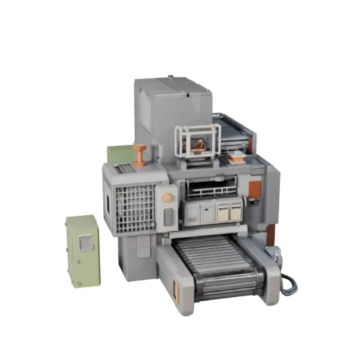 Packaging Robot Cell Low Poly 3D model, game viewport three-quarter view, showing painted steel, machine stations.