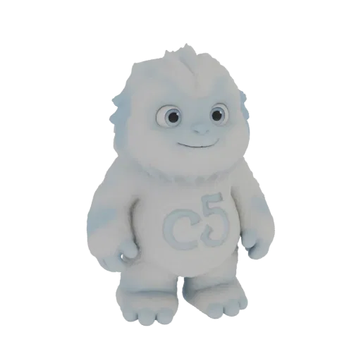 Un personnage Yéti mignon, poilu, blanc et bleu clair avec un logo 'C5' sur la poitrine, rendu en modèle 3D.