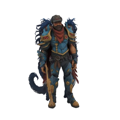 3D model of a cyberpunk knight wearing a baseball cap and scarf, with blue and gold armor and a weapon.
