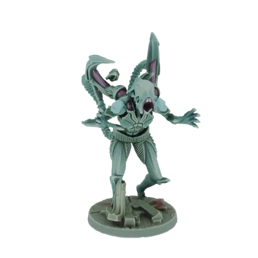 3D model of a menacing alien warrior with biomechanical features, standing on a debris-filled base.