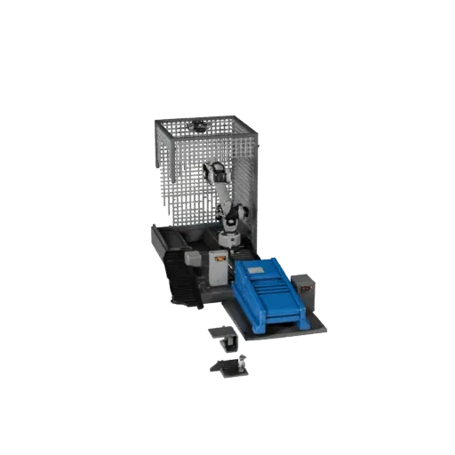 Inspection Robot Cell 3D model, side profile view, technical viewport render, showing painted steel, machine stations.