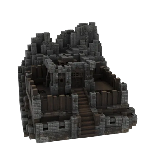 3D model of ancient stone fortress ruins with weathered stone blocks, wooden palisades, and a grand entrance, rendered on a w